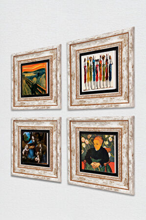 Van Gogh, Leonardo da Vinci, Çığlık, Yerli Kadınlar Taş Duvar Tablosu Çerçeveli Duvar Dekoru 4 Parça Tablo Seti Wall Art