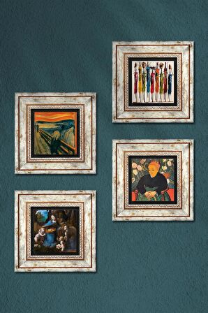 Van Gogh, Leonardo da Vinci, Çığlık, Yerli Kadınlar Taş Duvar Tablosu Çerçeveli Duvar Dekoru 4 Parça Tablo Seti Wall Art