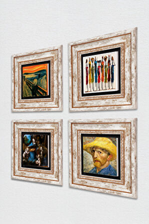 Van Gogh, Leonardo da Vinci, Çığlık, Yerli Kadınlar Taş Duvar Tablosu Çerçeveli Duvar Dekoru 4 Parça Tablo Seti Wall Art