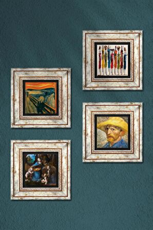 Van Gogh, Leonardo da Vinci, Çığlık, Yerli Kadınlar Taş Duvar Tablosu Çerçeveli Duvar Dekoru 4 Parça Tablo Seti Wall Art