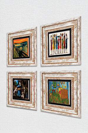 Van Gogh, Leonardo da Vinci, Çığlık, Yerli Kadınlar Taş Duvar Tablosu Çerçeveli Duvar Dekoru 4 Parça Tablo Seti Wall Art