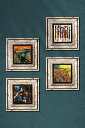 Van Gogh, Leonardo da Vinci, Çığlık, Yerli Kadınlar Taş Duvar Tablosu Çerçeveli Duvar Dekoru 4 Parça Tablo Seti Wall Art