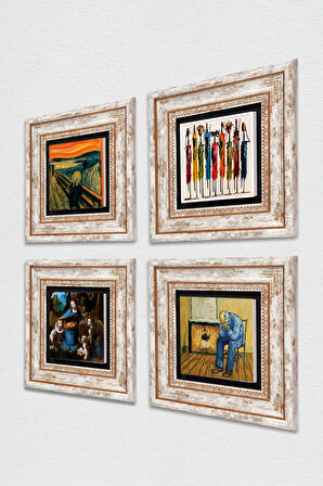 Van Gogh, Leonardo da Vinci, Çığlık, Yerli Kadınlar Taş Duvar Tablosu Çerçeveli Duvar Dekoru 4 Parça Tablo Seti Wall Art