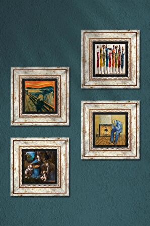 Van Gogh, Leonardo da Vinci, Çığlık, Yerli Kadınlar Taş Duvar Tablosu Çerçeveli Duvar Dekoru 4 Parça Tablo Seti Wall Art