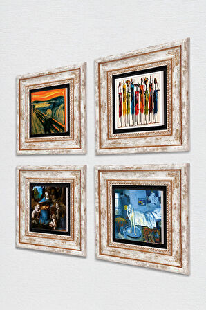 Picasso, Leonardo da Vinci, Çığlık, Yerli Kadınlar Taş Duvar Tablosu Çerçeveli Duvar Dekoru 4 Parça Tablo Seti Wall Art