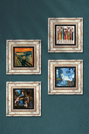 Picasso, Leonardo da Vinci, Çığlık, Yerli Kadınlar Taş Duvar Tablosu Çerçeveli Duvar Dekoru 4 Parça Tablo Seti Wall Art
