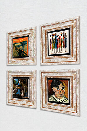 Picasso, Leonardo da Vinci, Çığlık, Yerli Kadınlar Taş Duvar Tablosu Çerçeveli Duvar Dekoru 4 Parça Tablo Seti Wall Art