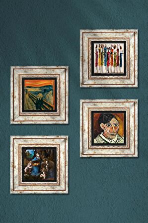 Picasso, Leonardo da Vinci, Çığlık, Yerli Kadınlar Taş Duvar Tablosu Çerçeveli Duvar Dekoru 4 Parça Tablo Seti Wall Art