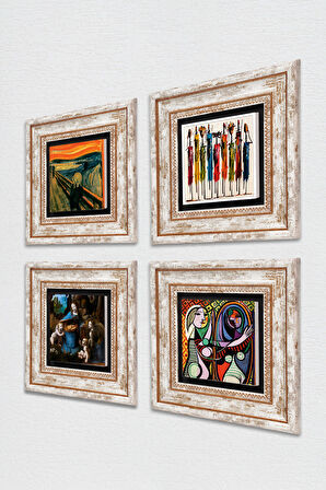 Picasso, Leonardo da Vinci, Çığlık, Yerli Kadınlar Taş Duvar Tablosu Çerçeveli Duvar Dekoru 4 Parça Tablo Seti Wall Art
