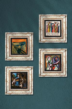 Picasso, Leonardo da Vinci, Çığlık, Yerli Kadınlar Taş Duvar Tablosu Çerçeveli Duvar Dekoru 4 Parça Tablo Seti Wall Art