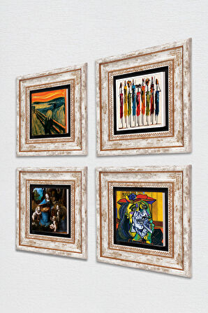 Picasso, Leonardo da Vinci, Çığlık, Yerli Kadınlar Taş Duvar Tablosu Çerçeveli Duvar Dekoru 4 Parça Tablo Seti Wall Art