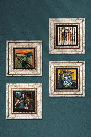 Picasso, Leonardo da Vinci, Çığlık, Yerli Kadınlar Taş Duvar Tablosu Çerçeveli Duvar Dekoru 4 Parça Tablo Seti Wall Art