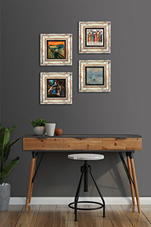 Leonardo da Vinci, Claude Monet, Çığlık, Yerli Kadınlar Taş Duvar Tablosu Çerçeveli Duvar Dekoru 4 Parça Tablo Seti Wall Art