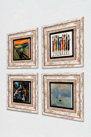 Leonardo da Vinci, Claude Monet, Çığlık, Yerli Kadınlar Taş Duvar Tablosu Çerçeveli Duvar Dekoru 4 Parça Tablo Seti Wall Art