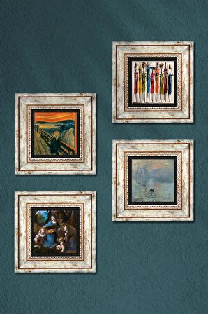 Leonardo da Vinci, Claude Monet, Çığlık, Yerli Kadınlar Taş Duvar Tablosu Çerçeveli Duvar Dekoru 4 Parça Tablo Seti Wall Art
