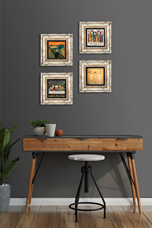 Da Vinci Son Akşam Yemeği, Vitruvius Adamı, Çığlık, Yerli Kadınlar Taş Duvar Tablosu Çerçeveli Duvar Dekoru 4 Parça Tablo Seti Wall Art