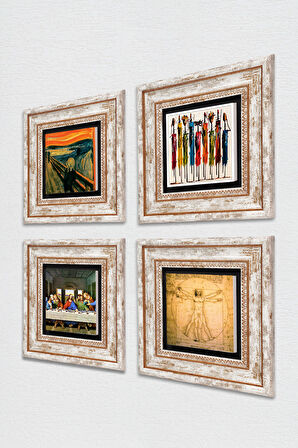 Da Vinci Son Akşam Yemeği, Vitruvius Adamı, Çığlık, Yerli Kadınlar Taş Duvar Tablosu Çerçeveli Duvar Dekoru 4 Parça Tablo Seti Wall Art