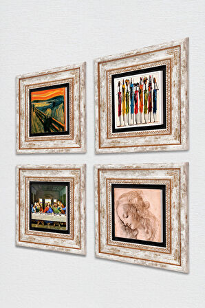 Leonardo da Vinci, Çığlık, Yerli Kadınlar Taş Duvar Tablosu Çerçeveli Duvar Dekoru 4 Parça Tablo Seti Wall Art