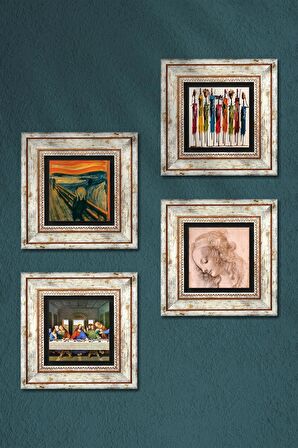 Leonardo da Vinci, Çığlık, Yerli Kadınlar Taş Duvar Tablosu Çerçeveli Duvar Dekoru 4 Parça Tablo Seti Wall Art