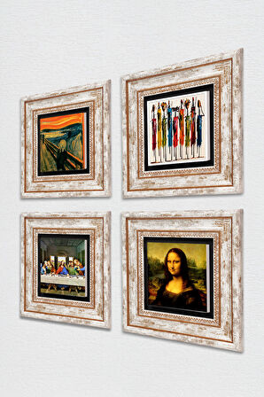 Da Vinci Son Akşam Yemeği, Mona Lisa, Çığlık, Yerli Kadınlar Taş Duvar Tablosu Çerçeveli Duvar Dekoru 4 Parça Tablo Seti Wall Art