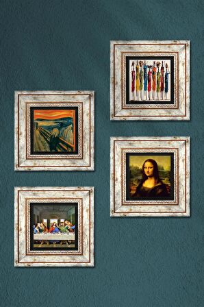 Da Vinci Son Akşam Yemeği, Mona Lisa, Çığlık, Yerli Kadınlar Taş Duvar Tablosu Çerçeveli Duvar Dekoru 4 Parça Tablo Seti Wall Art