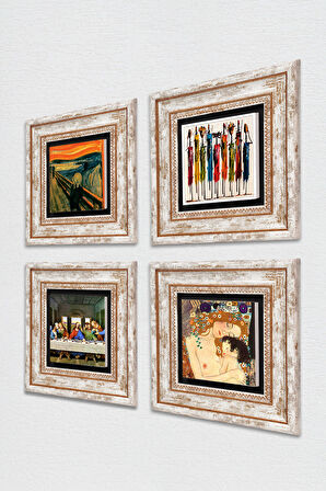 Leonardo da Vinci, Çığlık, Yerli Kadınlar, Gustav Klimt Taş Duvar Tablosu Çerçeveli Duvar Dekoru 4 Parça Tablo Seti Wall Art