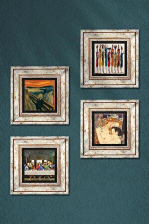 Leonardo da Vinci, Çığlık, Yerli Kadınlar, Gustav Klimt Taş Duvar Tablosu Çerçeveli Duvar Dekoru 4 Parça Tablo Seti Wall Art