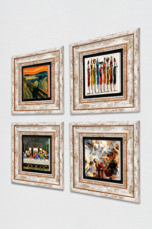 Leonardo da Vinci, Çığlık, Yerli Kadınlar, Aziz Stephen Üçlemesi Taş Duvar Tablosu Çerçeveli Duvar Dekoru 4 Parça Tablo Seti Wall Art