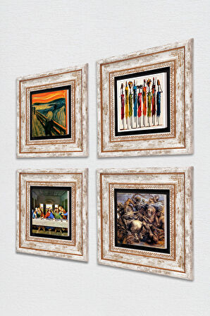 Leonardo da Vinci, Çığlık, Yerli Kadınlar, Anghiari Savaşı Taş Duvar Tablosu Çerçeveli Duvar Dekoru 4 Parça Tablo Seti Wall Art