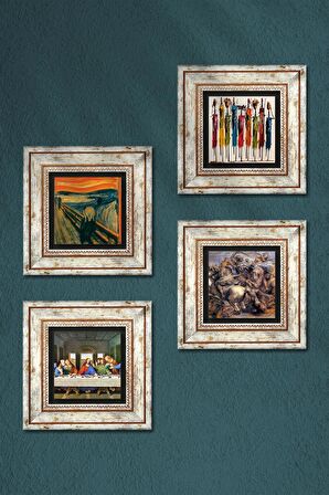 Leonardo da Vinci, Çığlık, Yerli Kadınlar, Anghiari Savaşı Taş Duvar Tablosu Çerçeveli Duvar Dekoru 4 Parça Tablo Seti Wall Art