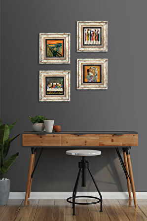 Leonardo da Vinci, Çığlık, Yerli Kadınlar, Gustav Klimt Taş Duvar Tablosu Çerçeveli Duvar Dekoru 4 Parça Tablo Seti Wall Art