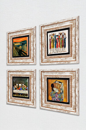 Leonardo da Vinci, Çığlık, Yerli Kadınlar, Gustav Klimt Taş Duvar Tablosu Çerçeveli Duvar Dekoru 4 Parça Tablo Seti Wall Art
