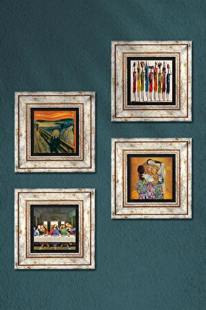 Leonardo da Vinci, Çığlık, Yerli Kadınlar, Gustav Klimt Taş Duvar Tablosu Çerçeveli Duvar Dekoru 4 Parça Tablo Seti Wall Art