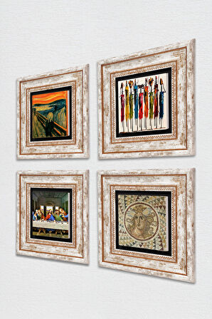 Da Vinci Son Akşam Yemeği, Çığlık, Yerli Kadınlar, Mozaik Taş Duvar Tablosu Çerçeveli Duvar Dekoru 4 Parça Tablo Seti Wall Art