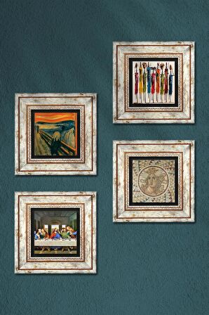 Da Vinci Son Akşam Yemeği, Çığlık, Yerli Kadınlar, Mozaik Taş Duvar Tablosu Çerçeveli Duvar Dekoru 4 Parça Tablo Seti Wall Art