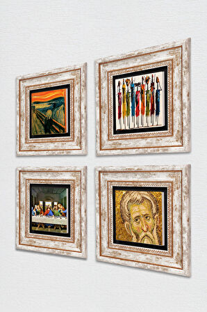 Da Vinci Son Akşam Yemeği, Çığlık, Yerli Kadınlar, Mozaik Taş Duvar Tablosu Çerçeveli Duvar Dekoru 4 Parça Tablo Seti Wall Art