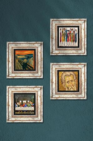 Da Vinci Son Akşam Yemeği, Çığlık, Yerli Kadınlar, Mozaik Taş Duvar Tablosu Çerçeveli Duvar Dekoru 4 Parça Tablo Seti Wall Art