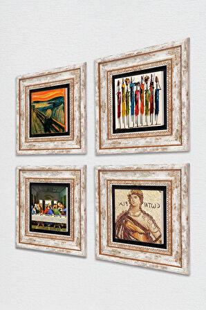 Da Vinci Son Akşam Yemeği, Çığlık, Yerli Kadınlar, Soteria Mozaiği Taş Duvar Tablosu Çerçeveli Duvar Dekoru 4 Parça Tablo Seti Wall Art