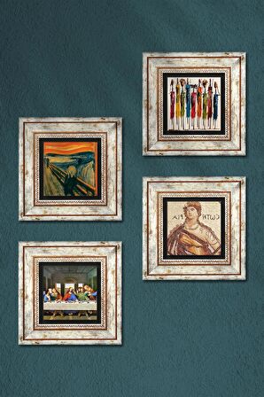 Da Vinci Son Akşam Yemeği, Çığlık, Yerli Kadınlar, Soteria Mozaiği Taş Duvar Tablosu Çerçeveli Duvar Dekoru 4 Parça Tablo Seti Wall Art