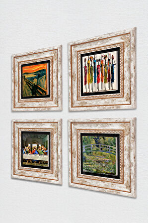 Leonardo da Vinci, Çığlık, Yerli Kadınlar, Claude Monet Taş Duvar Tablosu Çerçeveli Duvar Dekoru 4 Parça Tablo Seti Wall Art