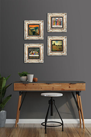 Leonardo da Vinci, Claude Monet, Çığlık, Yerli Kadınlar Taş Duvar Tablosu Çerçeveli Duvar Dekoru 4 Parça Tablo Seti Wall Art