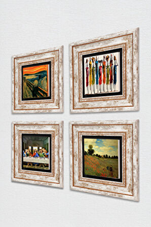 Leonardo da Vinci, Claude Monet, Çığlık, Yerli Kadınlar Taş Duvar Tablosu Çerçeveli Duvar Dekoru 4 Parça Tablo Seti Wall Art