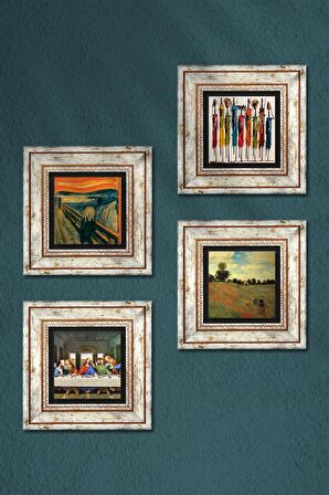 Leonardo da Vinci, Claude Monet, Çığlık, Yerli Kadınlar Taş Duvar Tablosu Çerçeveli Duvar Dekoru 4 Parça Tablo Seti Wall Art