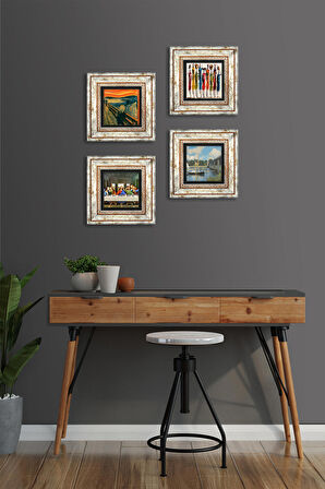 Leonardo da Vinci, Claude Monet, Çığlık, Yerli Kadınlar Taş Duvar Tablosu Çerçeveli Duvar Dekoru 4 Parça Tablo Seti Wall Art