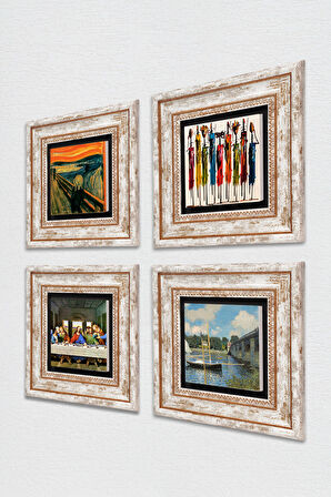 Leonardo da Vinci, Claude Monet, Çığlık, Yerli Kadınlar Taş Duvar Tablosu Çerçeveli Duvar Dekoru 4 Parça Tablo Seti Wall Art