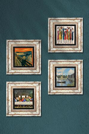 Leonardo da Vinci, Claude Monet, Çığlık, Yerli Kadınlar Taş Duvar Tablosu Çerçeveli Duvar Dekoru 4 Parça Tablo Seti Wall Art