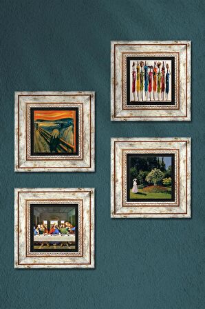Leonardo da Vinci, Claude Monet, Çığlık, Yerli Kadınlar Taş Duvar Tablosu Çerçeveli Duvar Dekoru 4 Parça Tablo Seti Wall Art