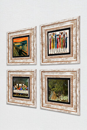 Leonardo da Vinci, Claude Monet, Çığlık, Yerli Kadınlar Taş Duvar Tablosu Çerçeveli Duvar Dekoru 4 Parça Tablo Seti Wall Art