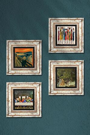 Leonardo da Vinci, Claude Monet, Çığlık, Yerli Kadınlar Taş Duvar Tablosu Çerçeveli Duvar Dekoru 4 Parça Tablo Seti Wall Art