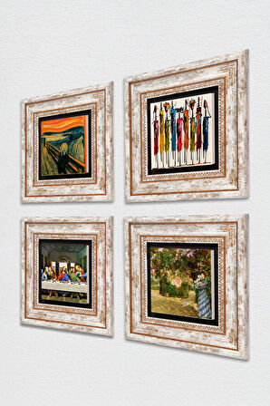 Leonardo da Vinci, Claude Monet, Çığlık, Yerli Kadınlar Taş Duvar Tablosu Çerçeveli Duvar Dekoru 4 Parça Tablo Seti Wall Art